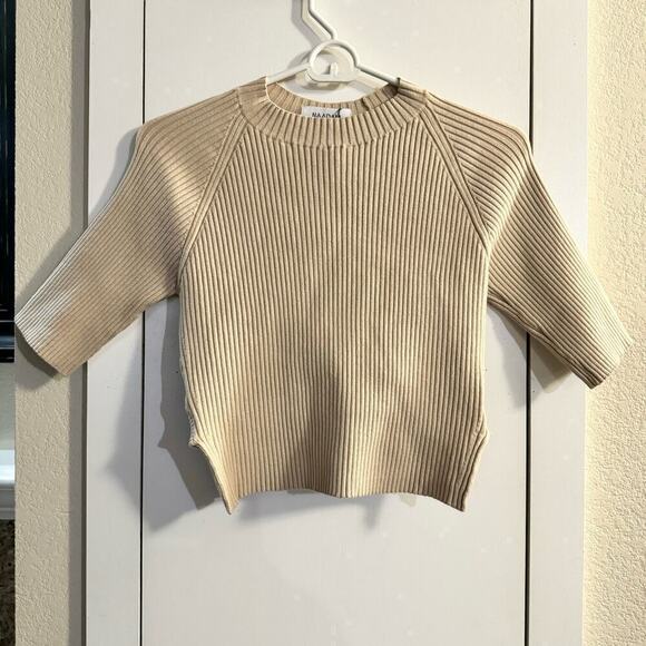 NWT NAADAM Twist Back Short Sleeve Top Beige Cashmere & Silk Blend Ribbed Small - Picture 4 of 10
